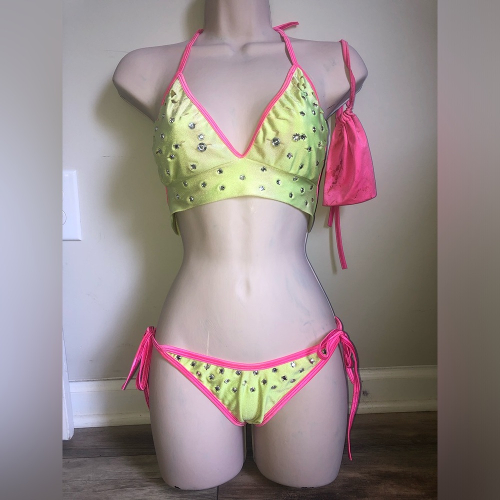💝UNIQUE Exotic Dancer Neon yellow/pink 3PC blacklight Shimmer piece w/ $$bag